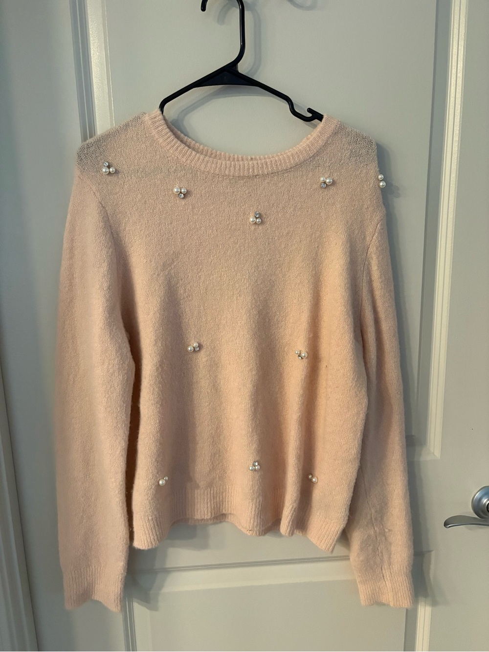 Who What Wear Light Pink Pearl-Embellished Scoop Neck Sweater